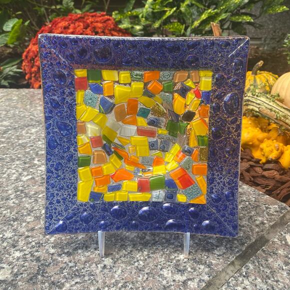 Square Fused Bubble Glass Cobalt Blue Multicolored Dish Tray 8” Art Glass Plate - Picture 6 of 7